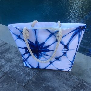 Indigo and ivory tie dye beach tote bag